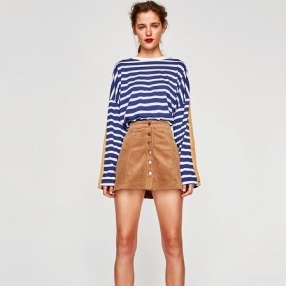 🍋 Zara Faux Fur Trim Oversized Blue Stripe Sweater